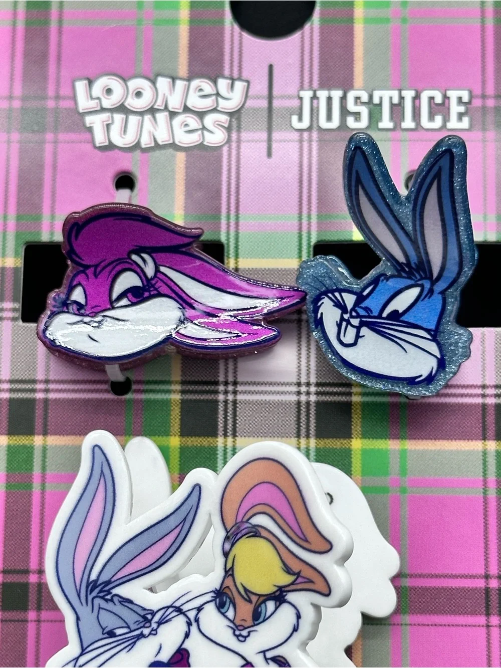 Justice Looney Tunes Plaid Hair Clip Set in Pink, Gold, Purple